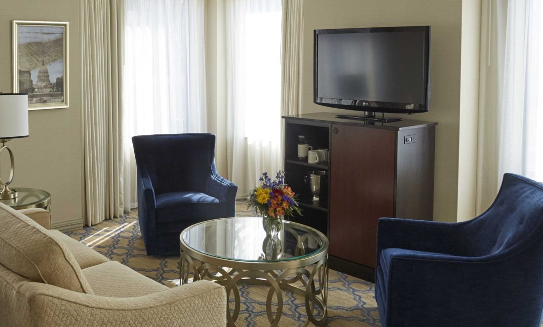 Seating area of a deluxe hotel room