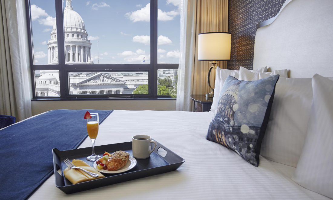 Hotel room suite with view of Madison Wisconsin's Capitol Building
