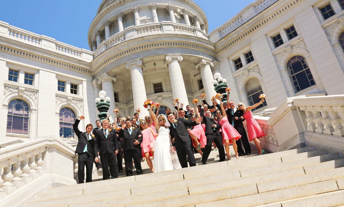 Wedding party on the steps of Madison's Capitol Building