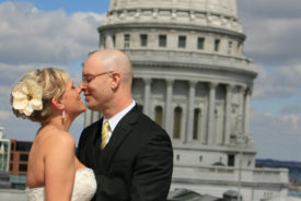 Bride and Groom with Madison Wisconsin Capitol Building in the background